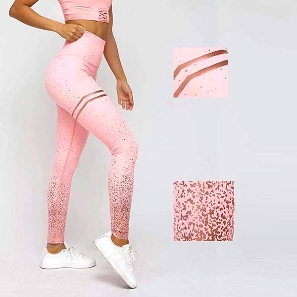 Pink High Waist Leggings With Gold Flake athletic Workout Yoga Tights Trousers - Picture 7 of 12